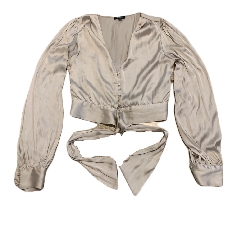 Dynamite Silky Tie-Front Blouse - Light Beige/Champagne - TP/XS